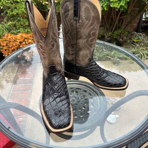 Lucchese alligator print Black and Brown Cowboy Boots with Decorative Stitching - Picture 7 of 11
